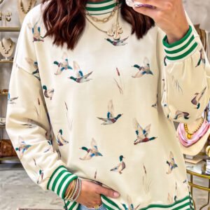 Beige Duck Print Striped Trim Cuffs Round Neck Casual Sweatshirt