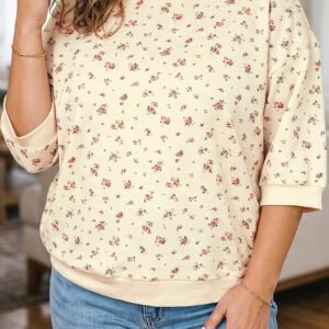 Beige Floral Print Colorblock Cuffs Hem Plus Size Blouse