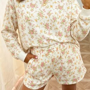 Beige Floral Print Long Sleeve Shift Top Pocketed Shorts 2pcs Set