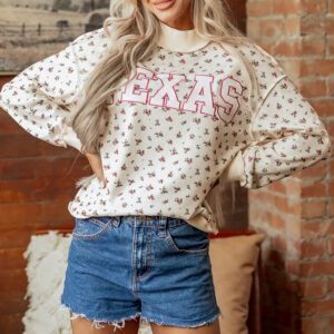 Beige Floral Print Stand Neck Long Sleeve Slogan Sweatshirt