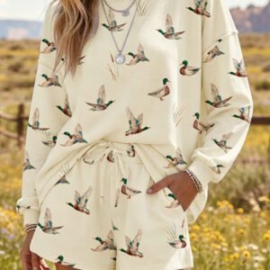 Beige Free Mallard Print Long Sleeve Top Drawstring Short Set