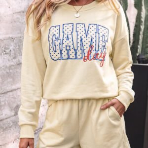 Beige Game Day Crewneck Long Sleeve Pullover Athleisure Short Sets