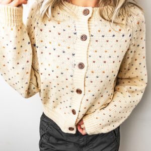 Beige Geometric Print Button Front Long Sleeve Regular Fit Cardigan