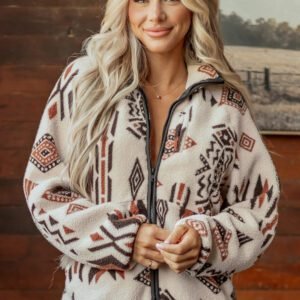 Beige Geometric Print Long Sleeve Shirt Collar Zip-up Placket Binding Tape Jacket
