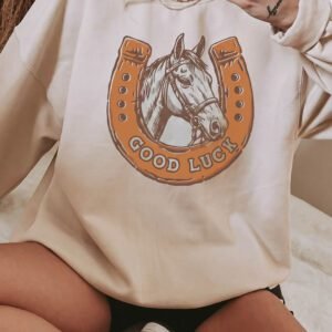 Beige GOOD LUCK Western Horse Print Oversized Pullover Sweatshirt