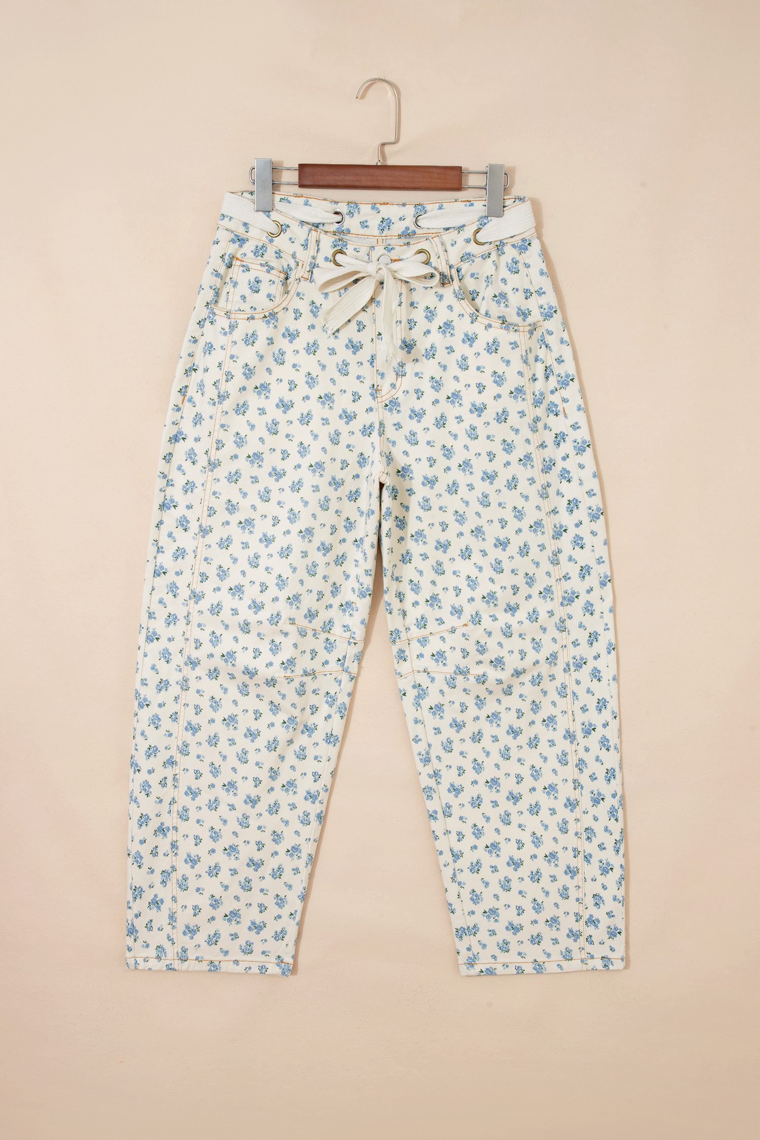 Beige Grommet Knot Waist Floral Barrel Leg Jeans
