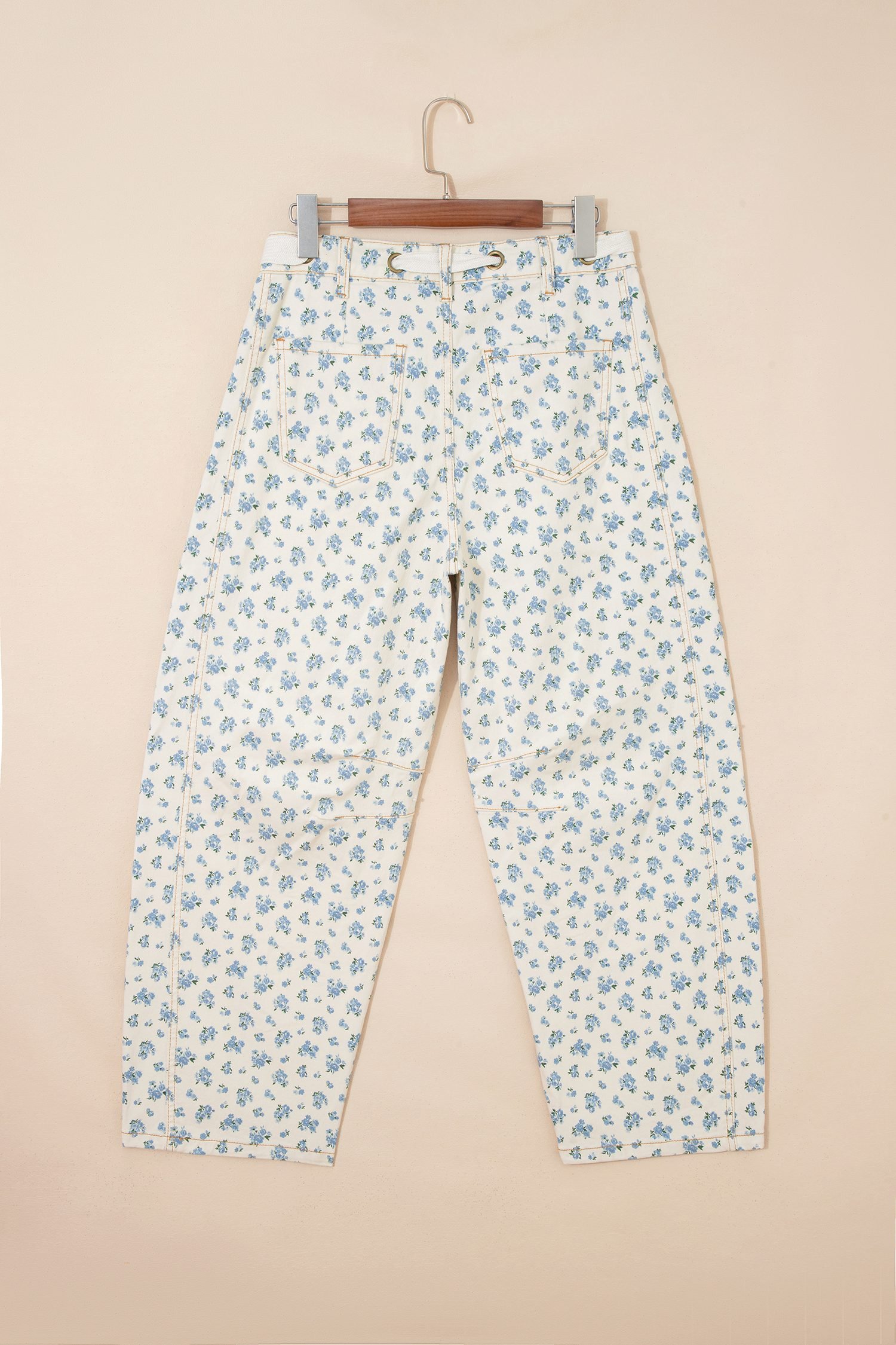 Beige Grommet Knot Waist Floral Barrel Leg Jeans