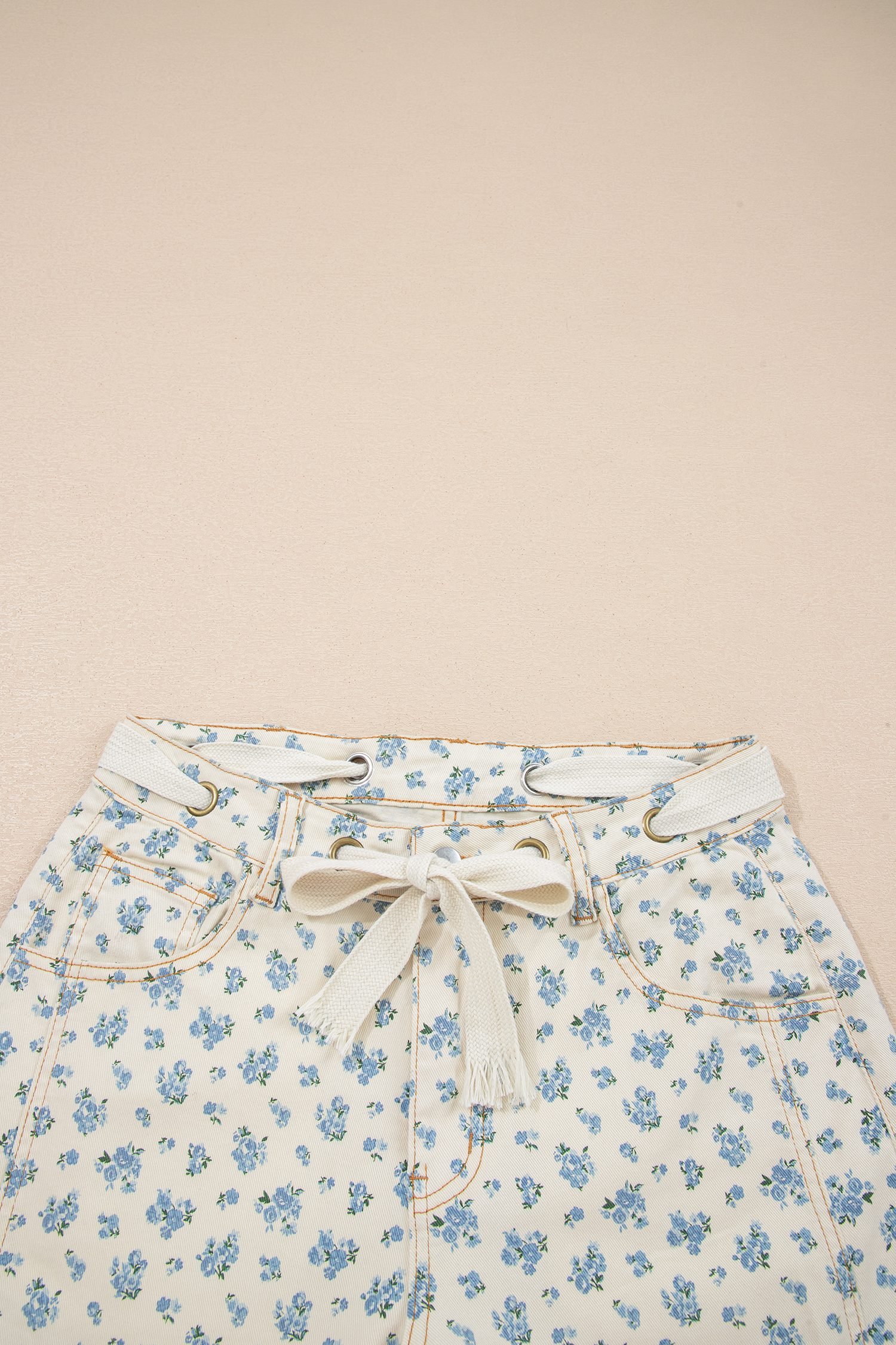 Beige Grommet Knot Waist Floral Barrel Leg Jeans