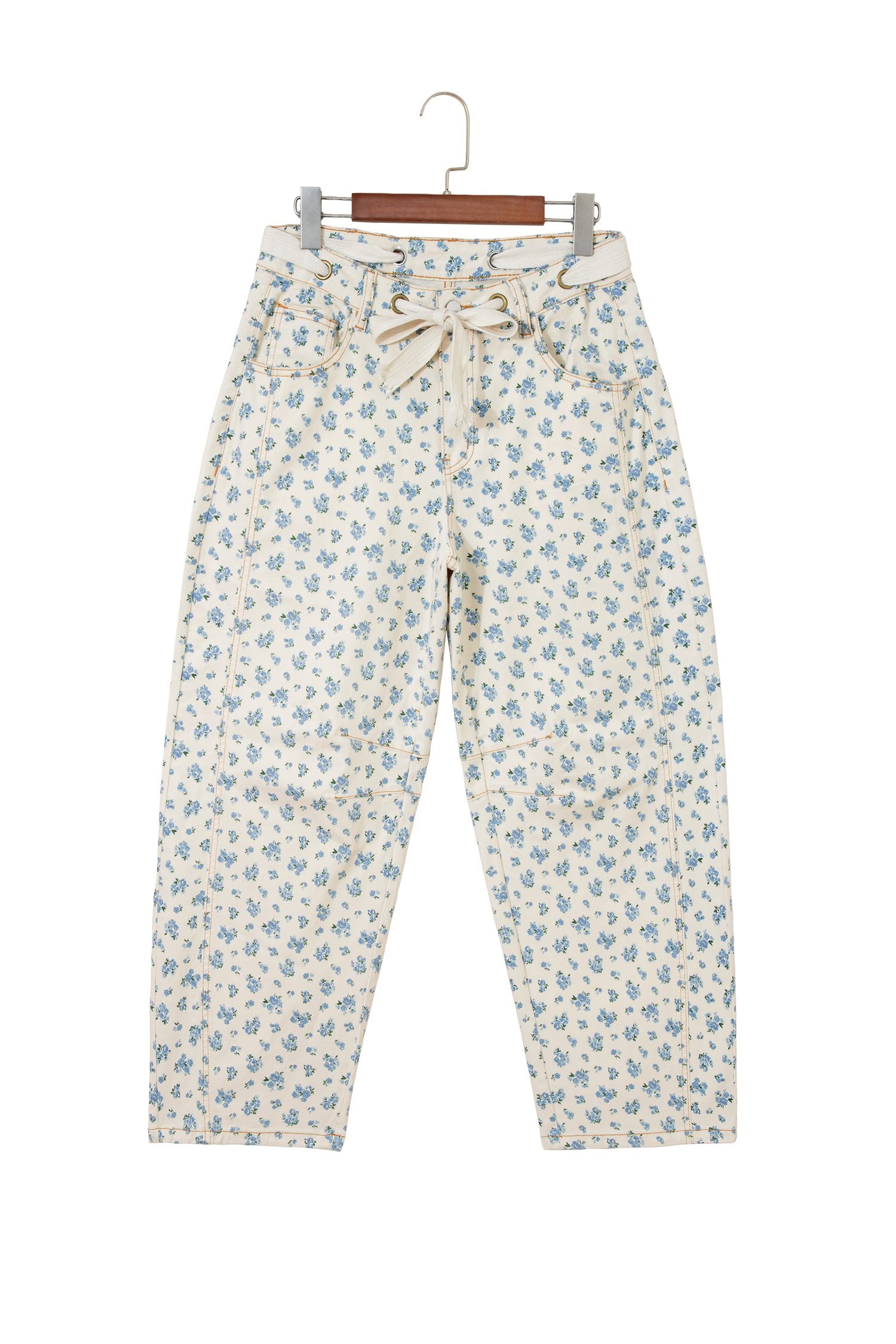 Beige Grommet Knot Waist Floral Barrel Leg Jeans