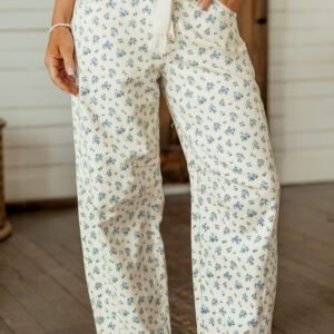 Beige Grommet Knot Waist Floral Barrel Leg Jeans