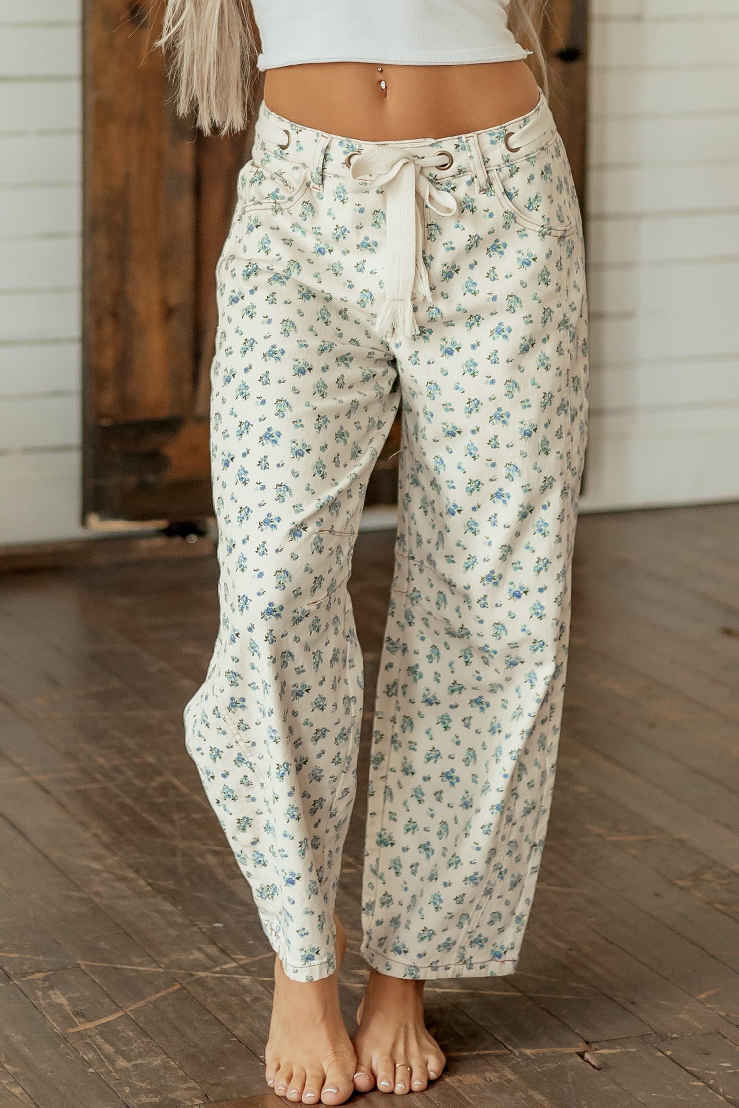 Beige Grommet Knot Waist Floral Barrel Leg Jeans