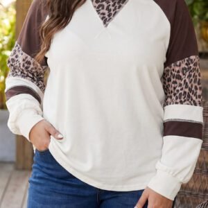 Beige Leopard Print Colorblock Round Neck Long Sleeve Plus Size Blouse