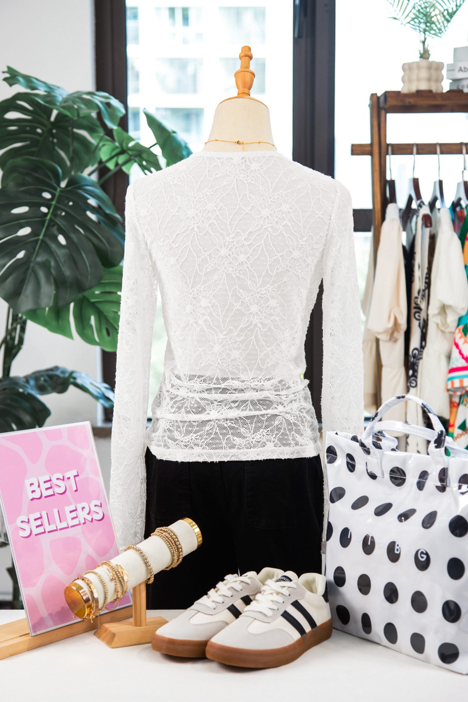 Beige Long Sleeve Sheer Mesh Lace Top