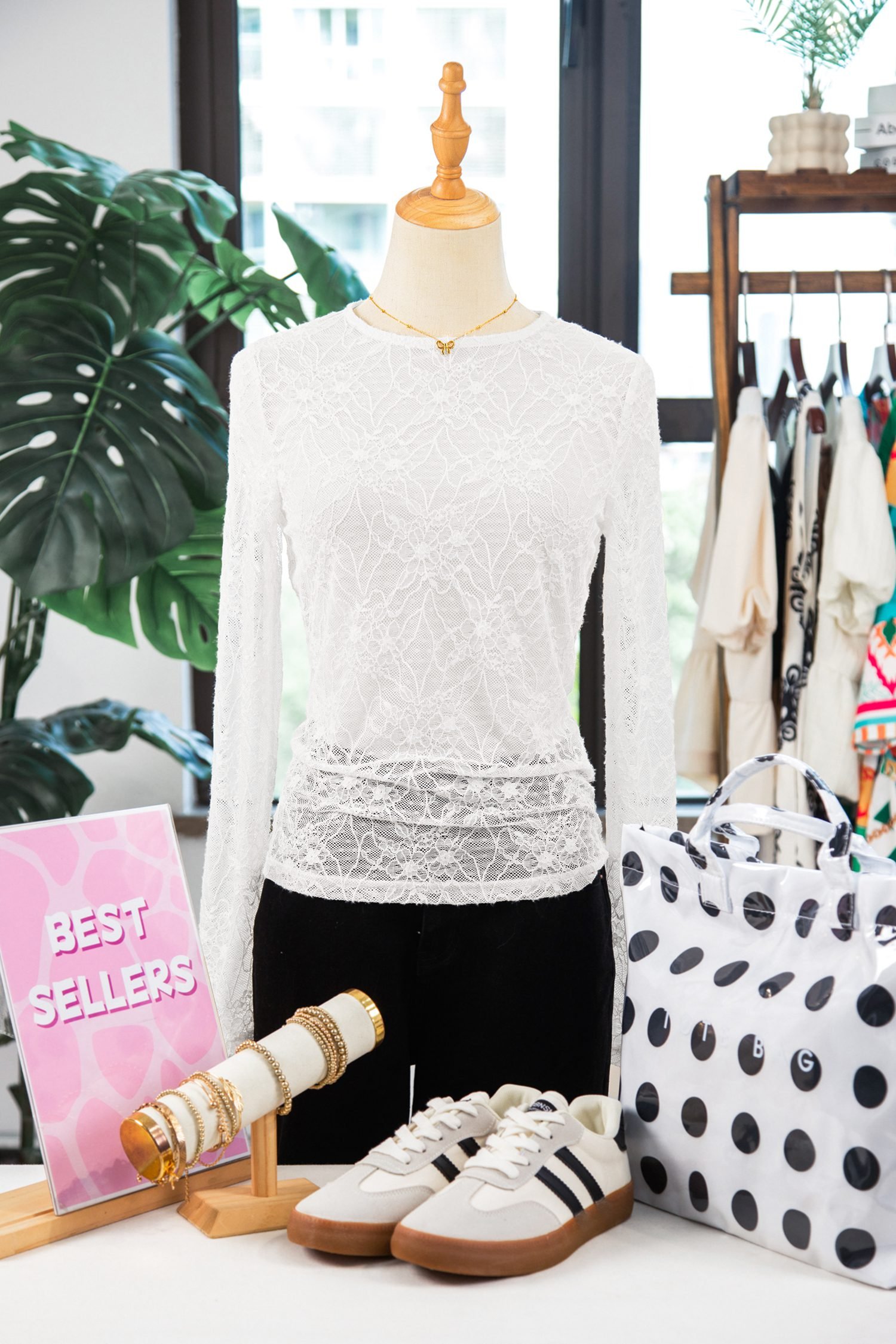 Beige Long Sleeve Sheer Mesh Lace Top