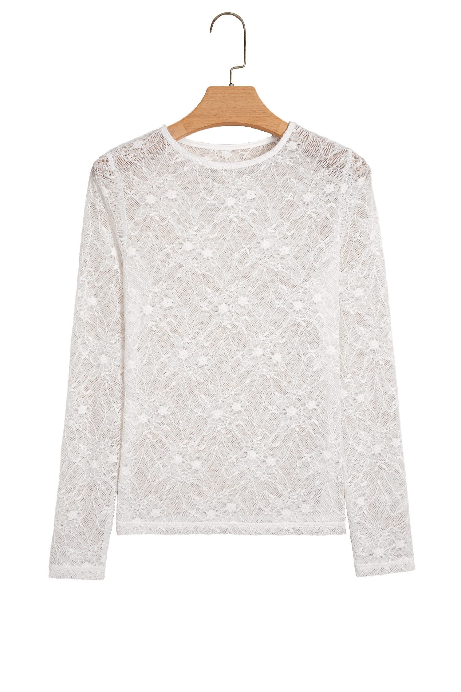 Beige Long Sleeve Sheer Mesh Lace Top
