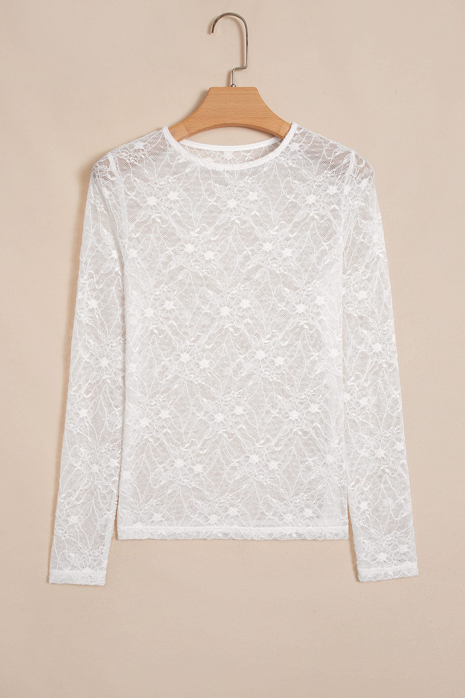 Beige Long Sleeve Sheer Mesh Lace Top