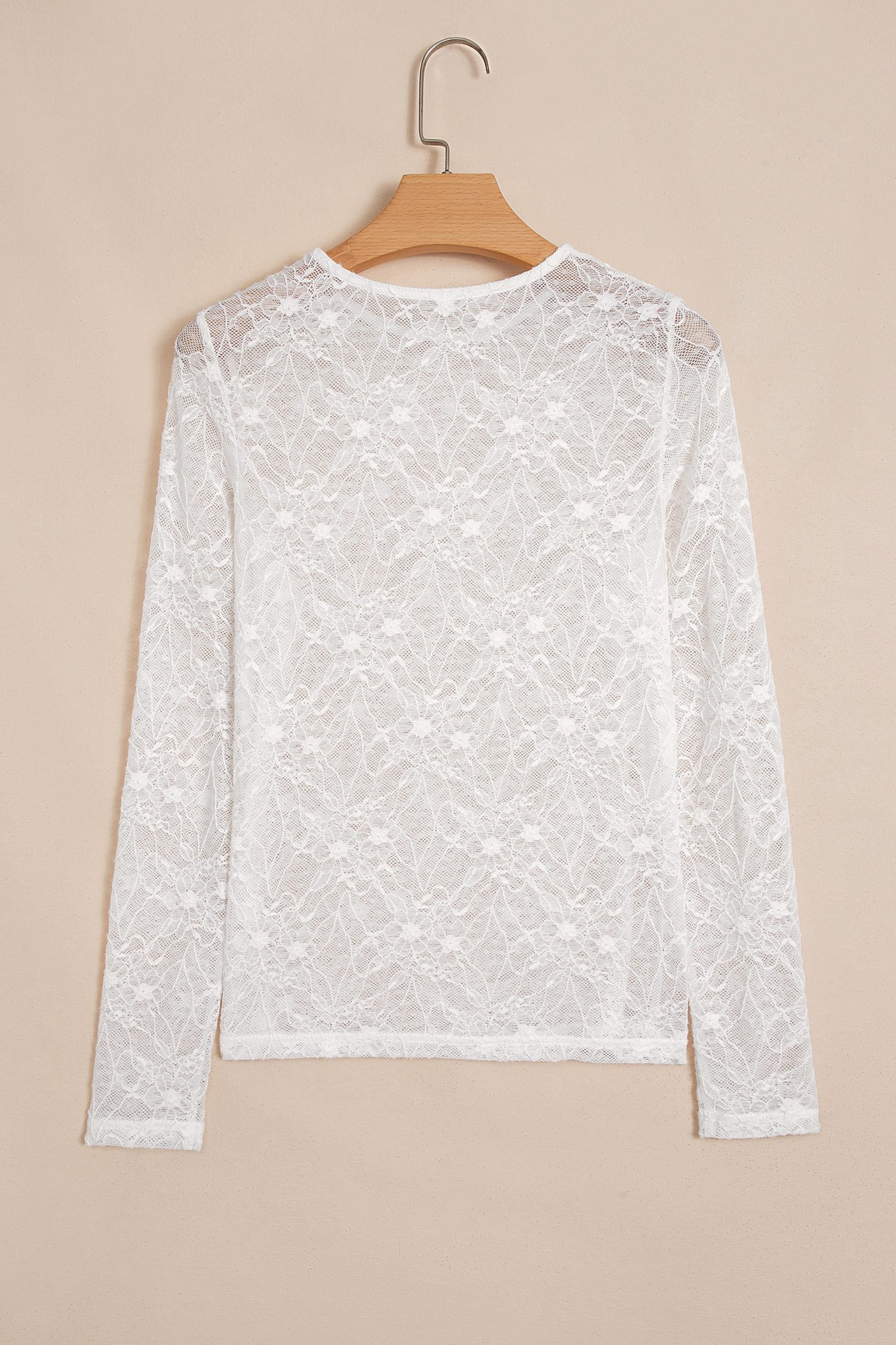 Beige Long Sleeve Sheer Mesh Lace Top
