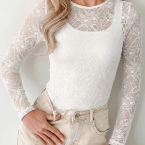 Beige Long Sleeve Sheer Mesh Lace Top