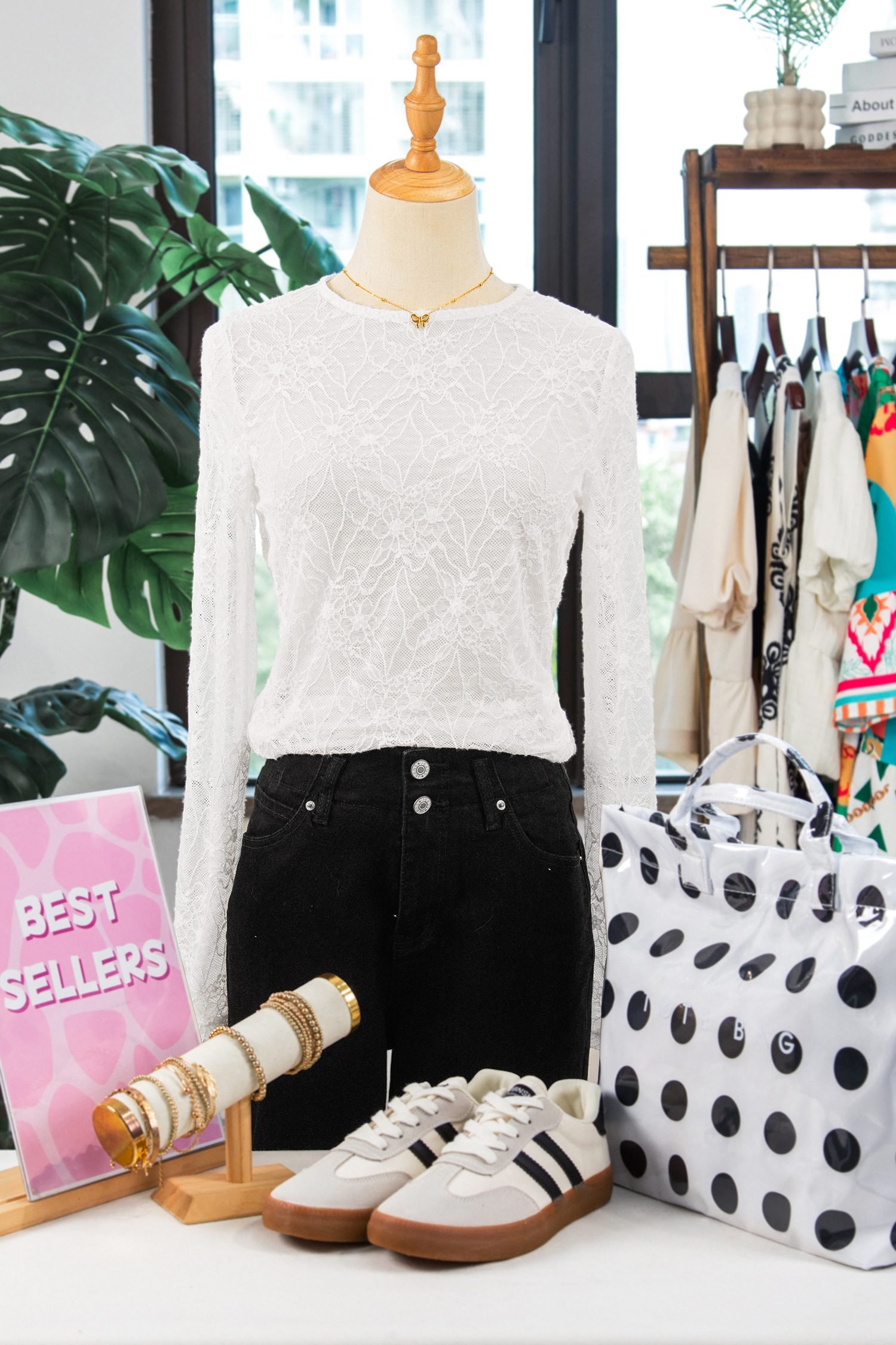 Beige Long Sleeve Sheer Mesh Lace Top
