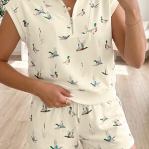 Beige Mallard Printed Zip Polo Tee Drawstring Short Set