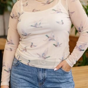 Beige Mesh Duck Print Tunic Long Sleeve Plus Size Blouse