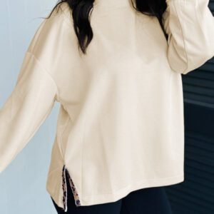 Beige Mock Neck Long Sleeve Leopard Detail Split Hem Top