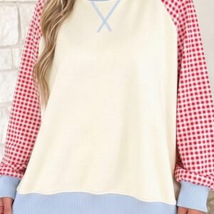 Beige Plaid Sleeve Colorblock Raglan Pullover Sweatshirt