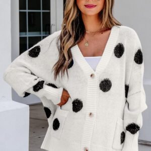 Beige Polka Dot Button Front Oversized V Neck Cardigan
