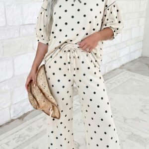 Beige Polka Dot Half Sleeve Loose Top Elastic Waist Casual Pants Set