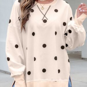 Beige Polka Dot Loose Long Sleeve Split Hem Pullover Top