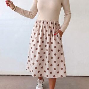 Beige Polka Dot Midi Long Sleeve Dress