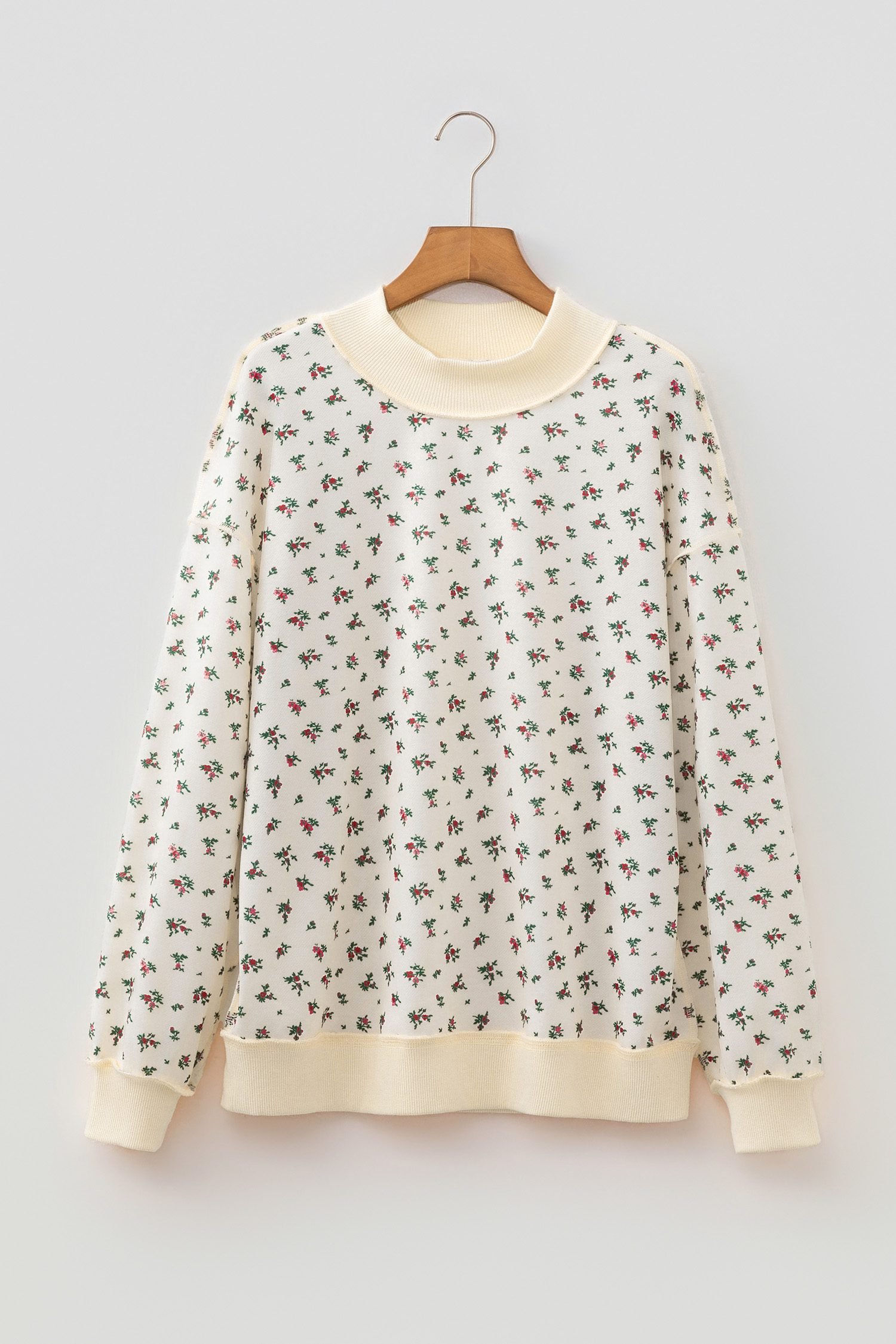 Beige Ribbed High Neck Patchwork Floral Print Baggy Pullover Sweatshirt