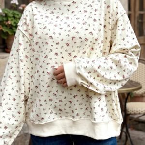 Beige Ribbed High Neck Patchwork Floral Print Baggy Pullover Sweatshirt