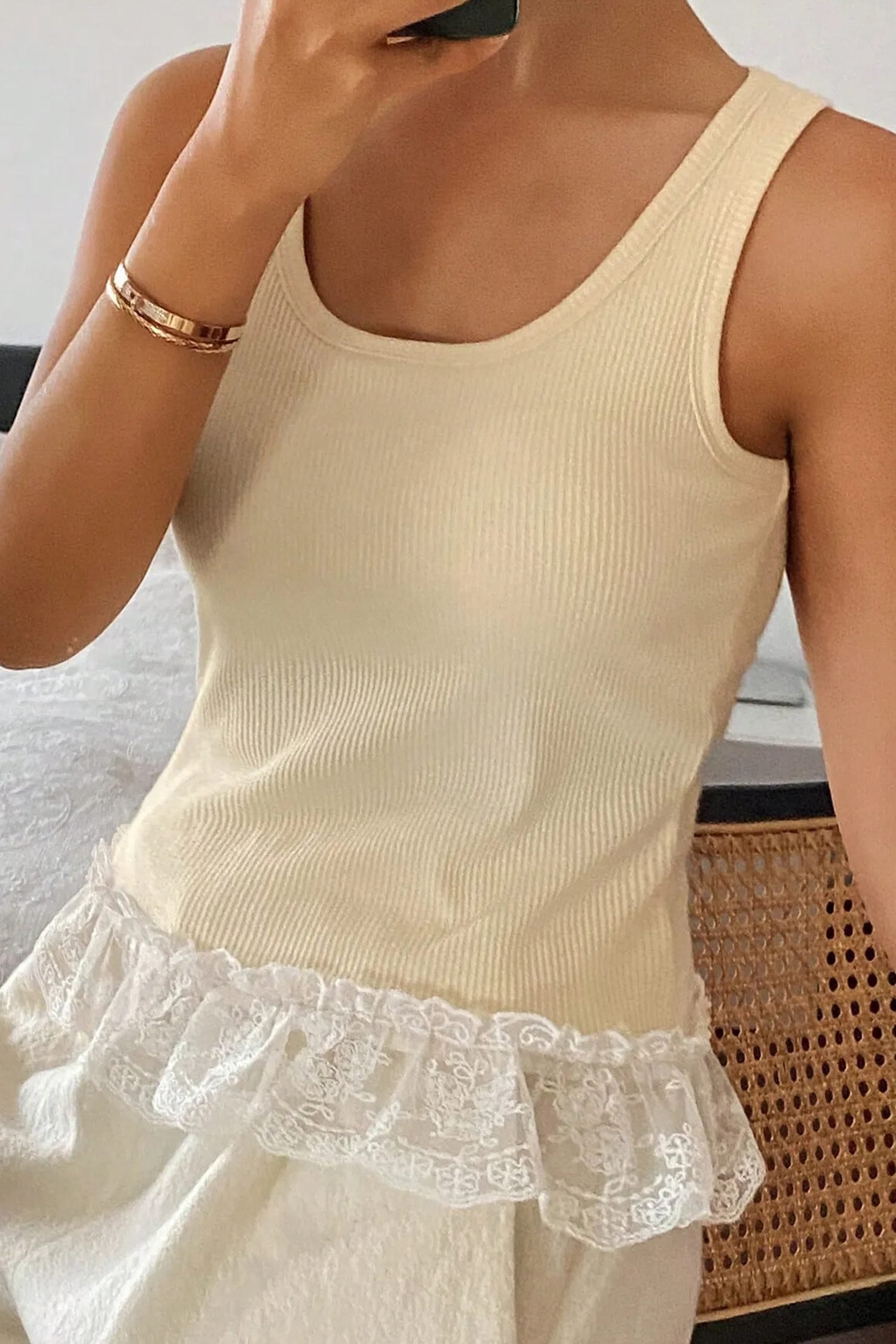 Beige Ribbed Knit Sweet Lace Hem Vest