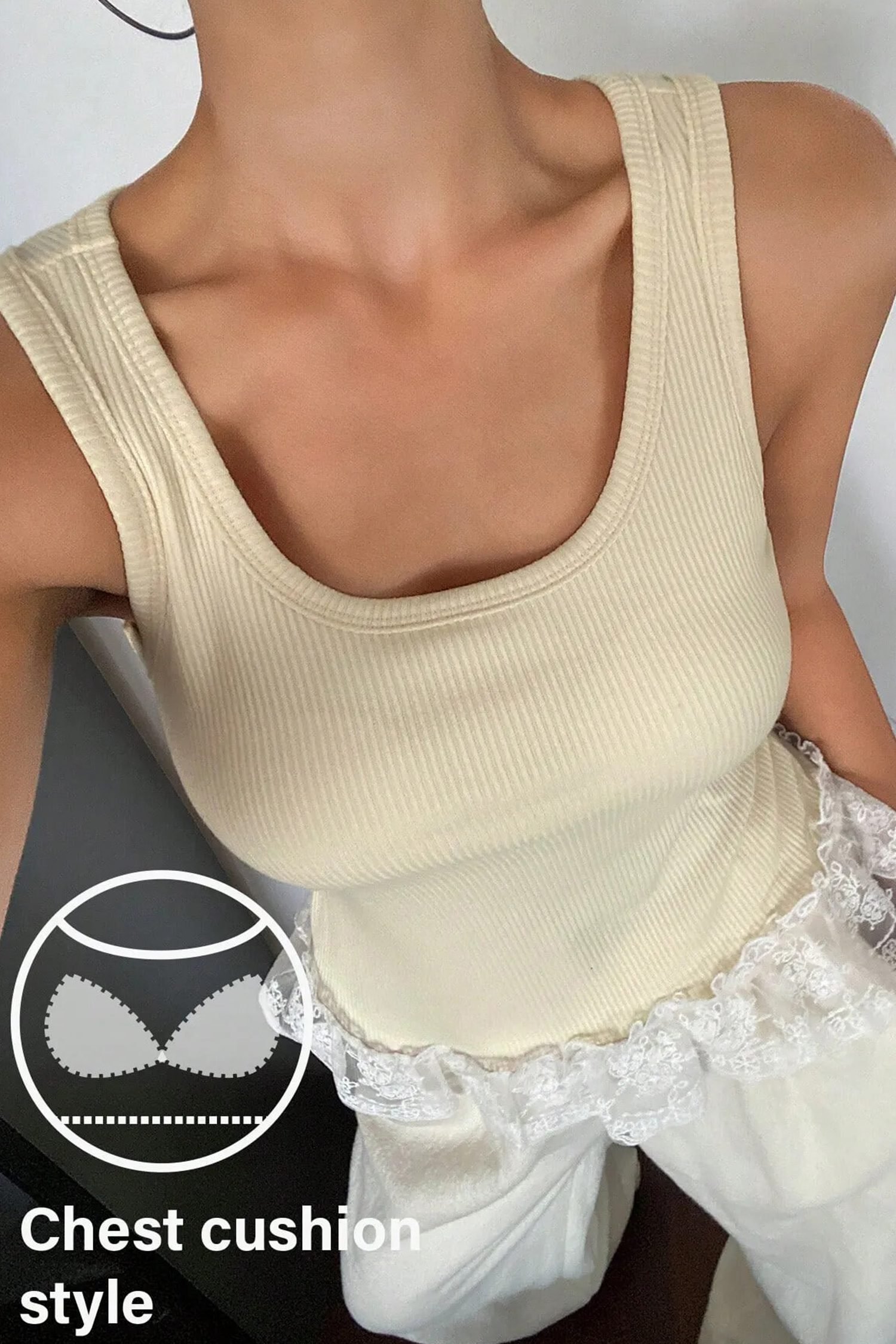 Beige Ribbed Knit Sweet Lace Hem Vest