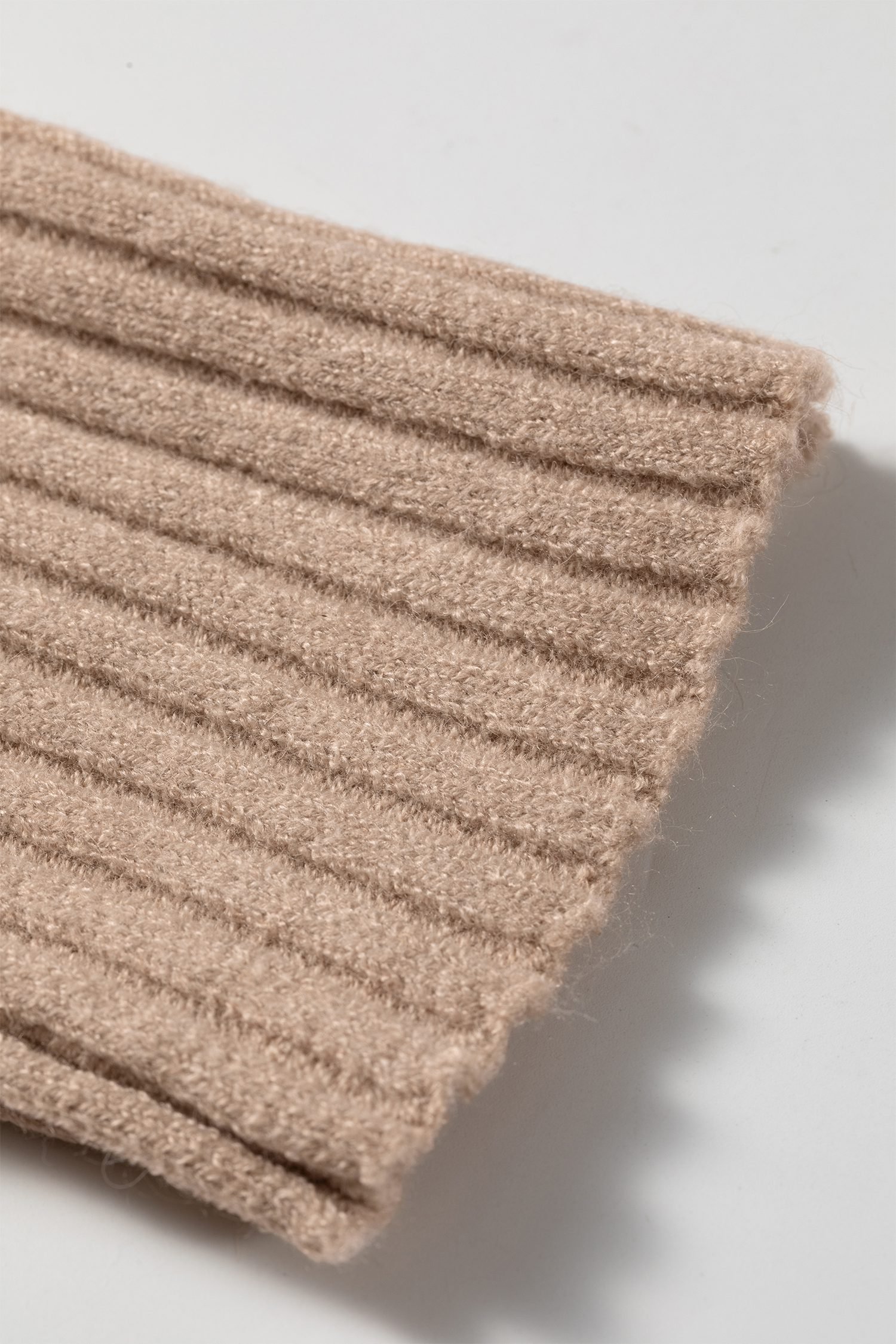 Beige Ribbed Trim High Neck Short Sleeve Casual Sweater