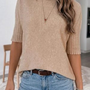 Beige Ribbed Trim High Neck Short Sleeve Casual Sweater