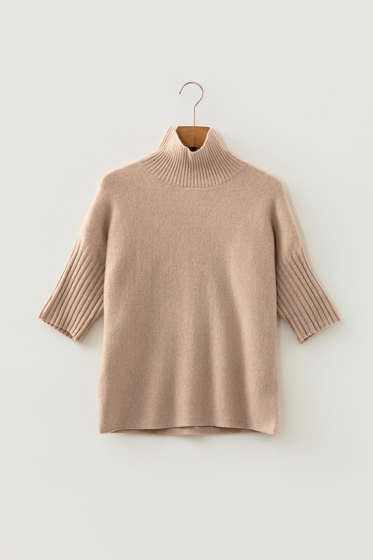 Beige Ribbed Trim High Neck Short Sleeve Casual Sweater