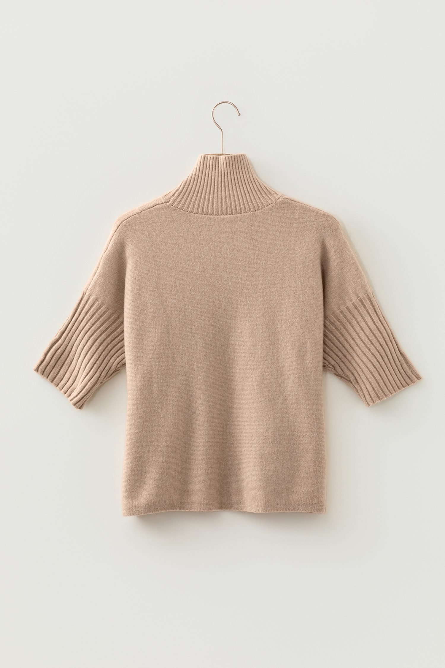 Beige Ribbed Trim High Neck Short Sleeve Casual Sweater