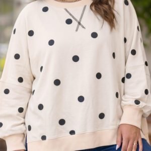 Beige Round Neck Long Sleeve Polka Dot Plus Size Top
