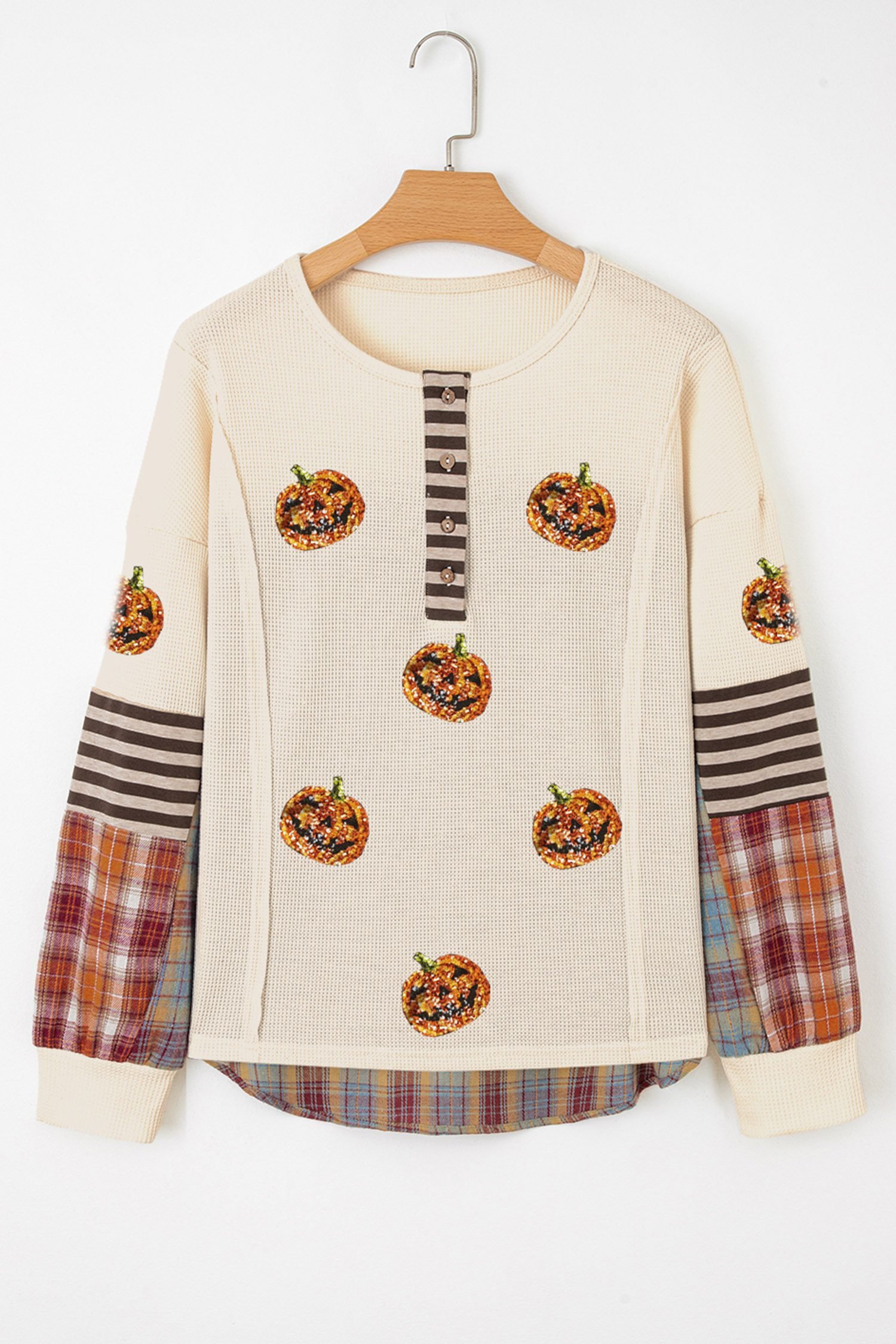 Beige Sequined Pumpkin Face Patched Henley Waffle Top