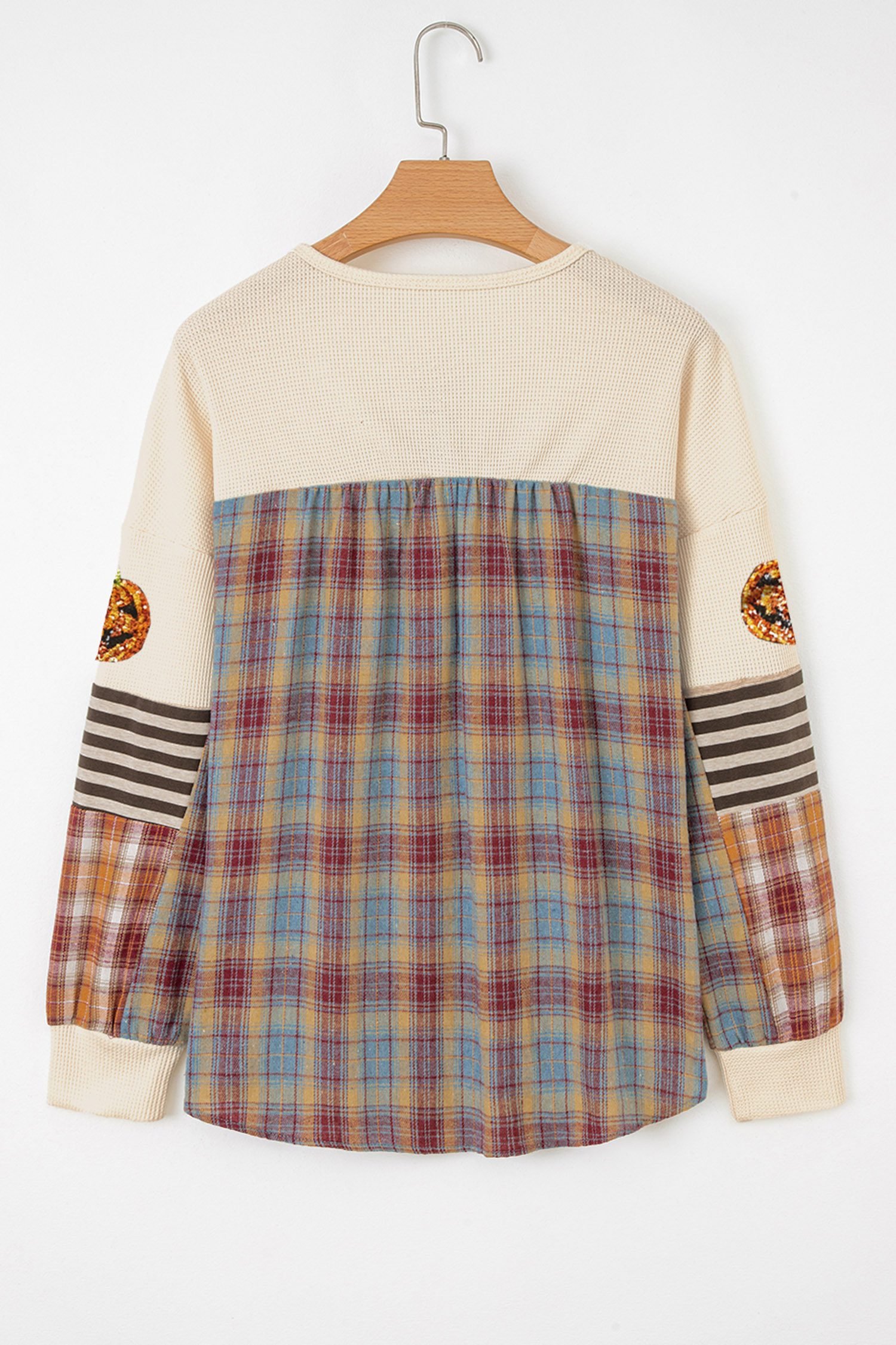 Beige Sequined Pumpkin Face Patched Henley Waffle Top