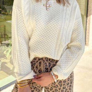 Beige Solid Color Cable Detail Knit Loose Round Neck Sweater