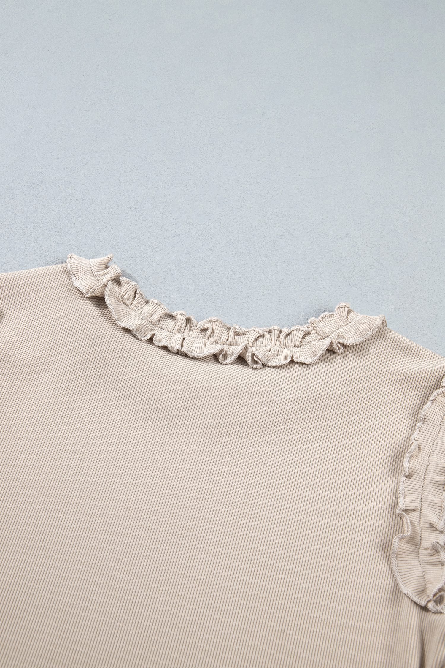 Beige Solid Color Round Neck Frill Detail Long Sleeve Top