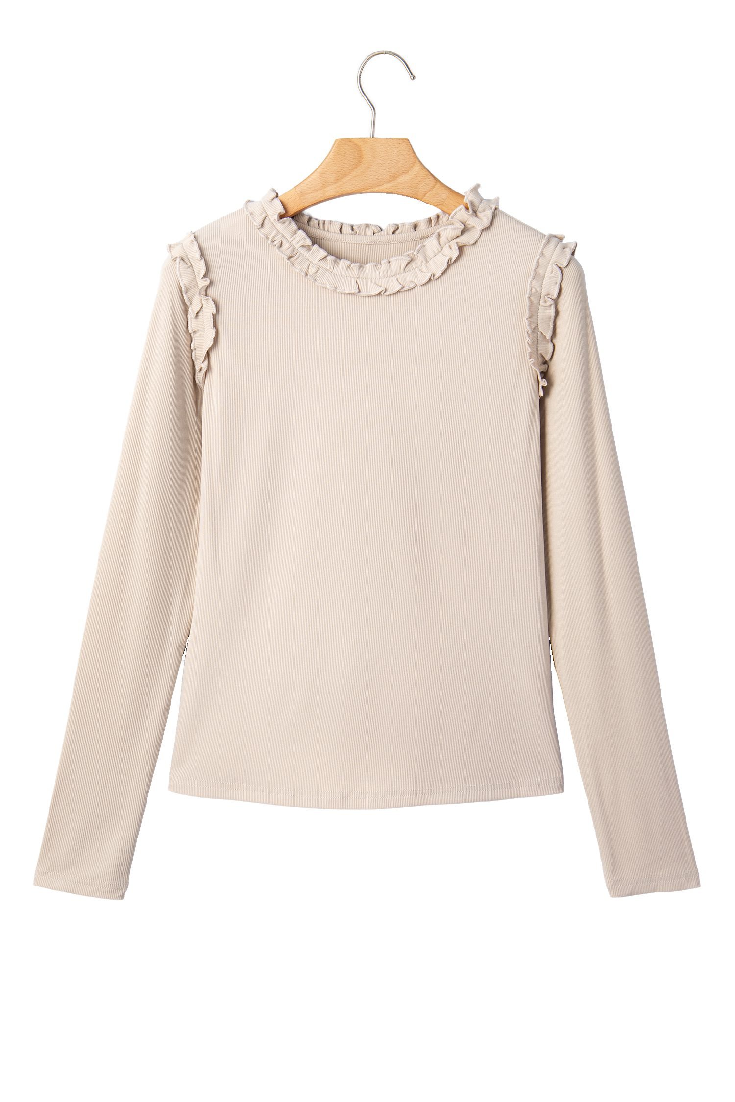 Beige Solid Color Round Neck Frill Detail Long Sleeve Top