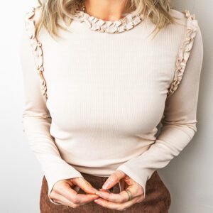 Beige Solid Color Round Neck Frill Detail Long Sleeve Top
