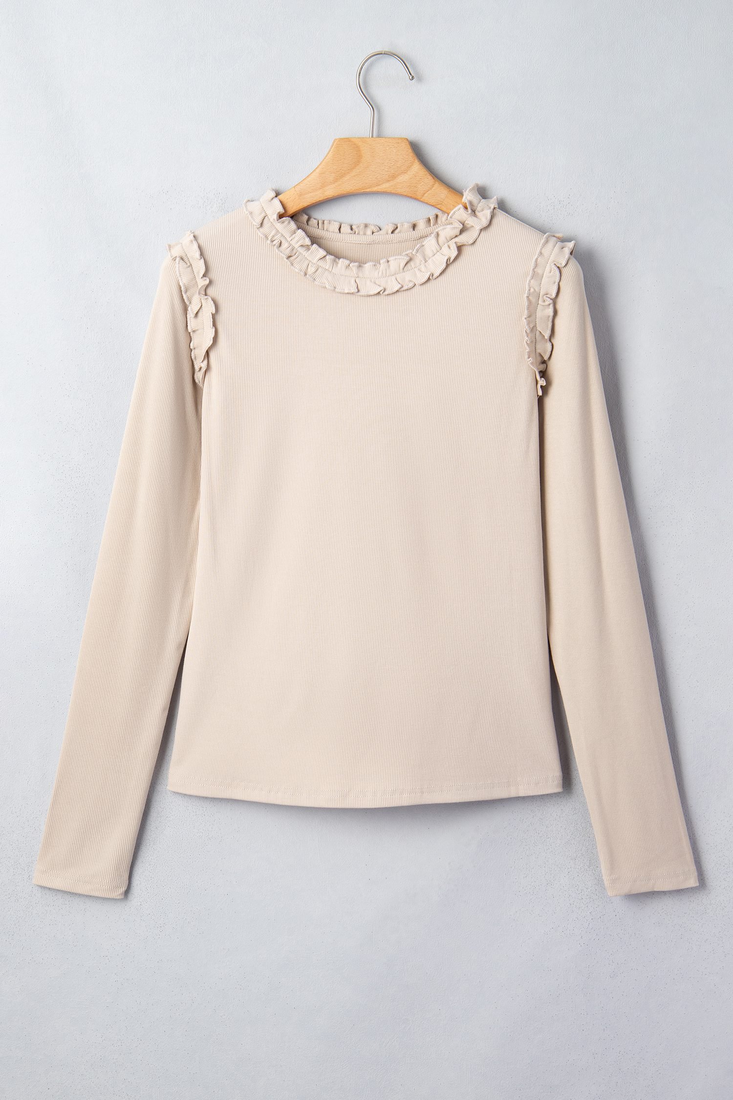 Beige Solid Color Round Neck Frill Detail Long Sleeve Top