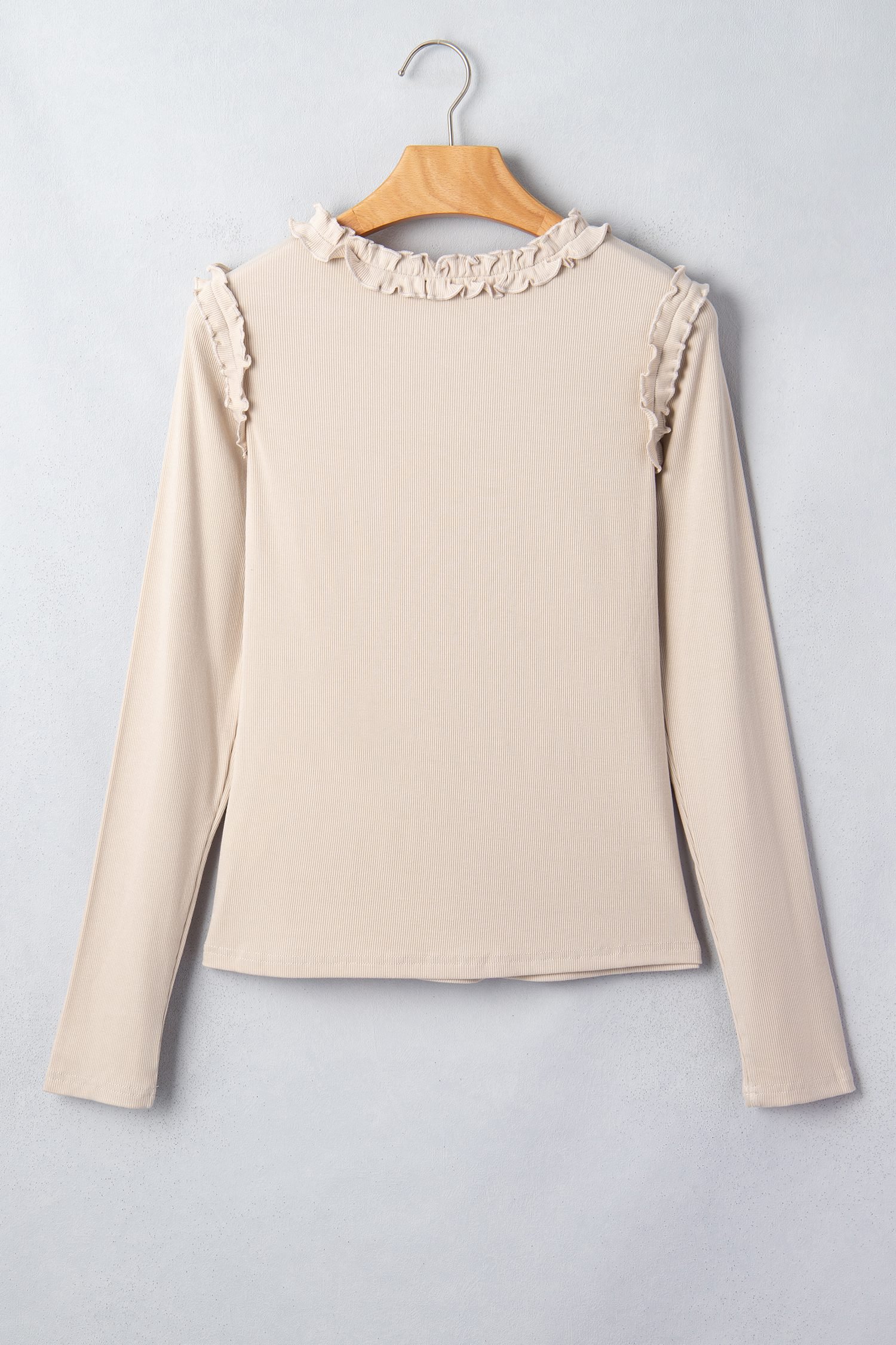 Beige Solid Color Round Neck Frill Detail Long Sleeve Top