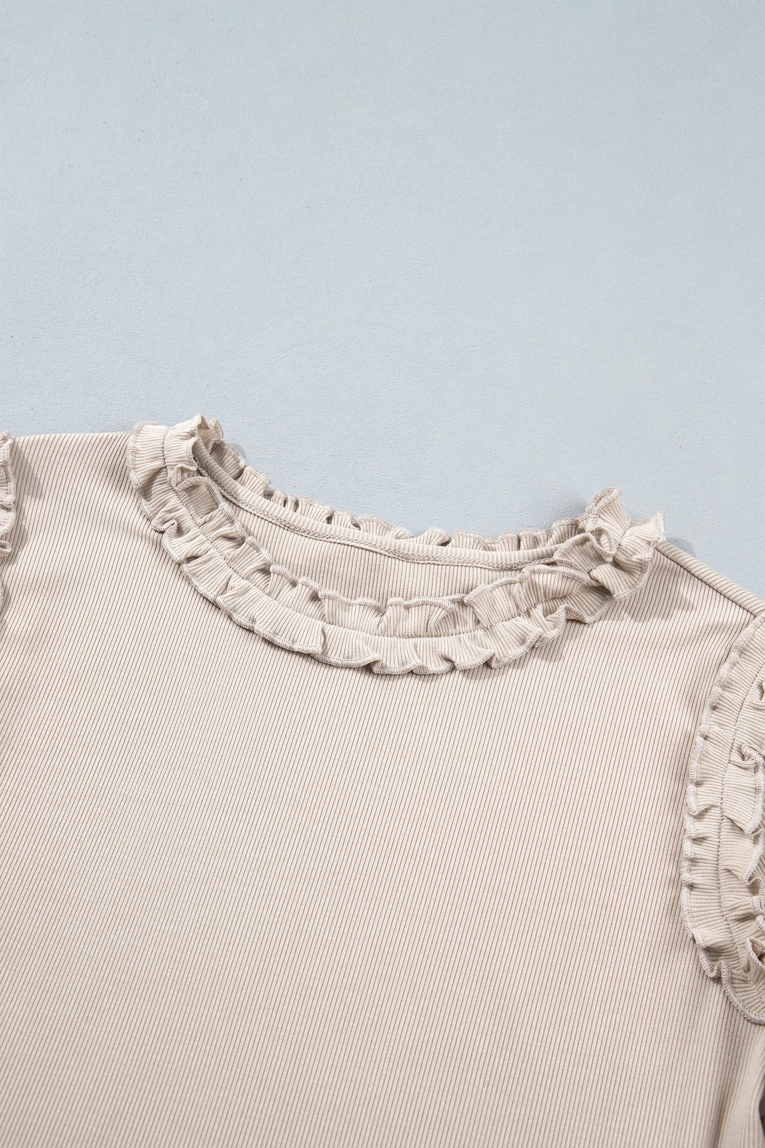 Beige Solid Color Round Neck Frill Detail Long Sleeve Top