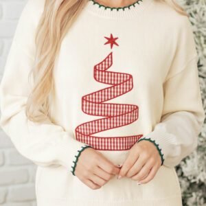 Beige Stitched Detail Christmas Tree Holiday Casual Sweater